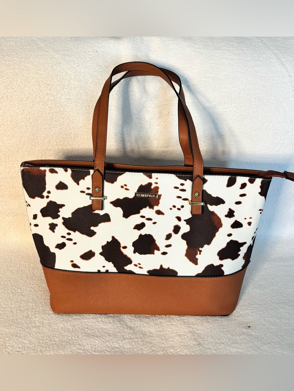 Elim&Paul Cowhide-Print Brown & White Tote with Tan Trim